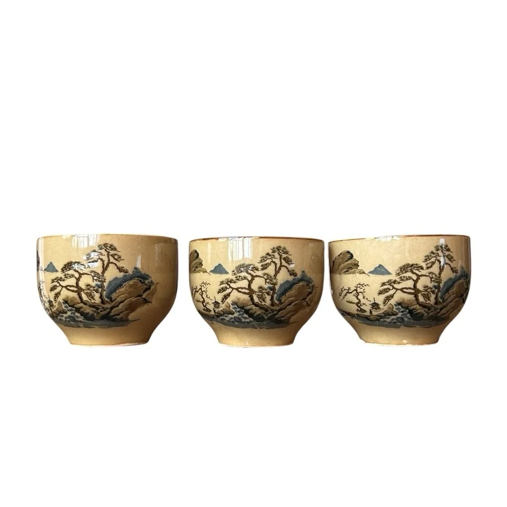 3 Vintage SAKI Japanese Sake/Tea Cups Tan with Landscape Ceramic Asian Decor